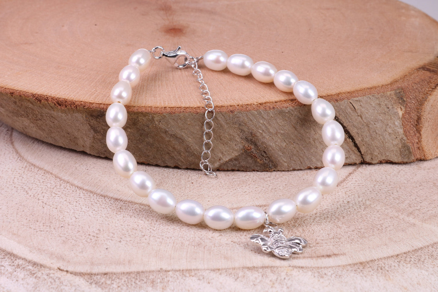 Freshwater Pearl Bracelet with Bumble Bee Charm Dropper, made from Sterling Silver