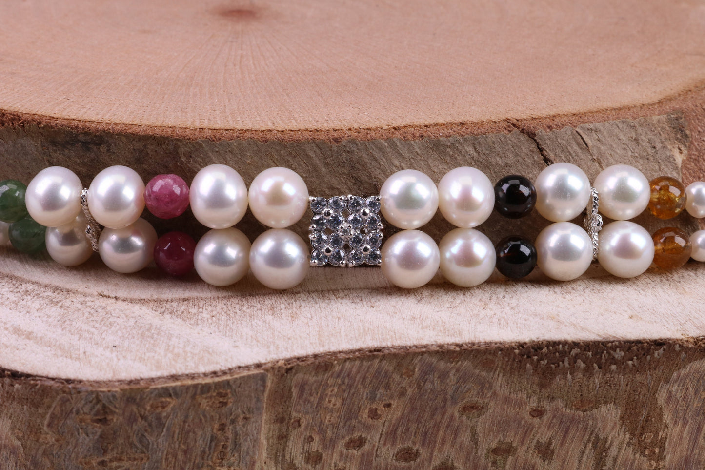 Multi Colour Double Row Freshwater Pearl Bracelet with Rose Flower Closure, made from Sterling Silver