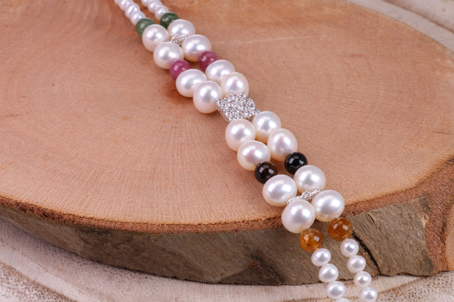 Multi Colour Double Row Freshwater Pearl Bracelet with Rose Flower Closure, made from Sterling Silver