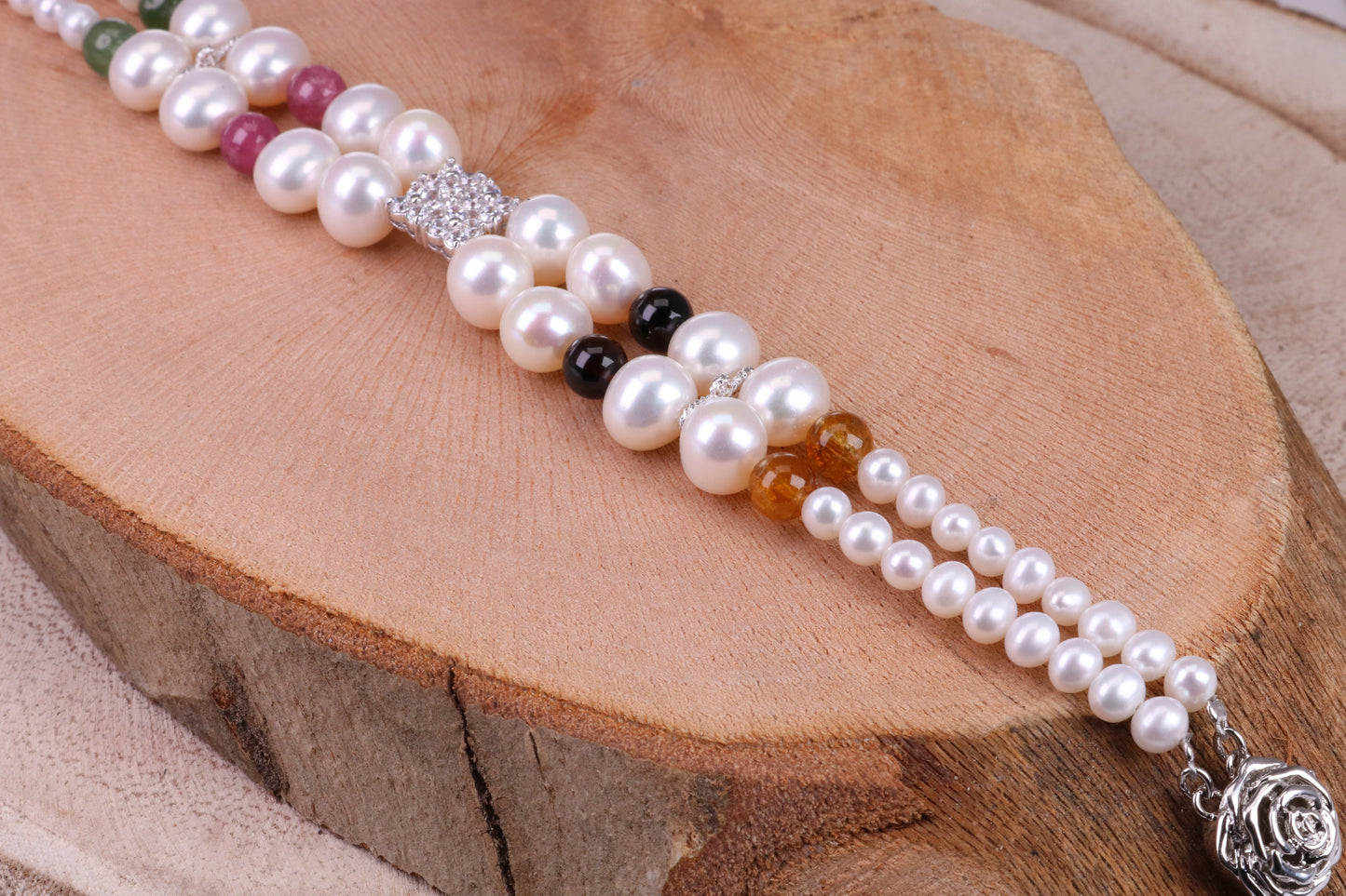 Multi Colour Double Row Freshwater Pearl Bracelet with Rose Flower Closure, made from Sterling Silver