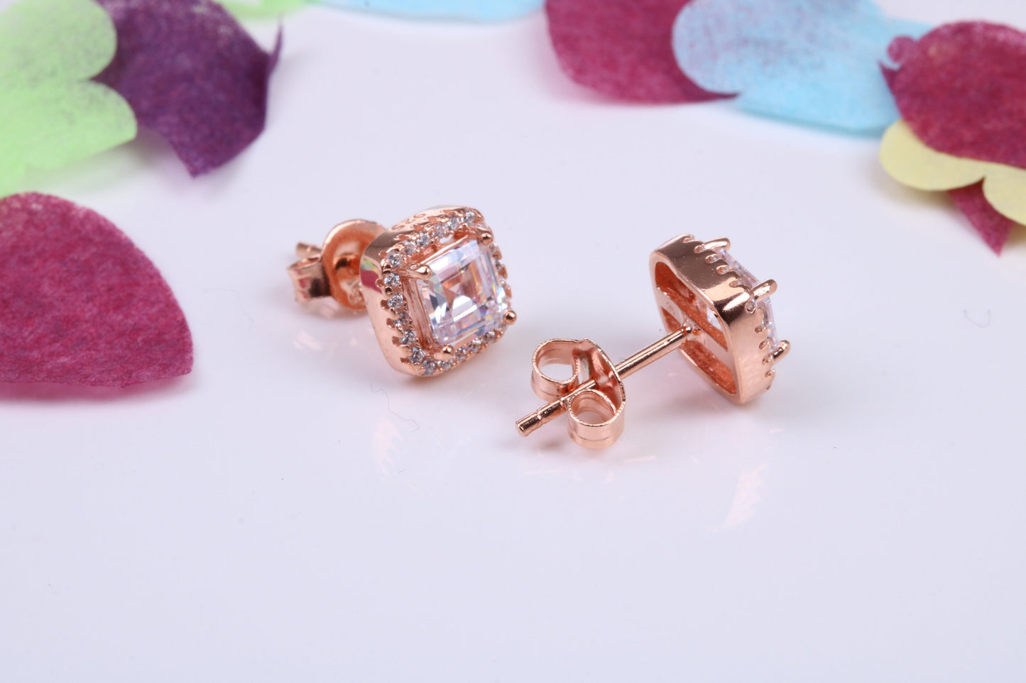 8 mm Square Cluster Cubic Zirconia set Earrings, Very Dressy, Made from Solid 925 Grade Sterling Silver, Rose Gold Plated