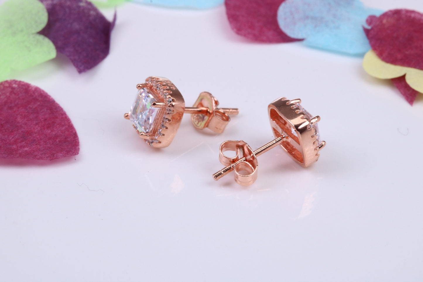 8 mm Square Cluster Cubic Zirconia set Earrings, Very Dressy, Made from Solid 925 Grade Sterling Silver, Rose Gold Plated