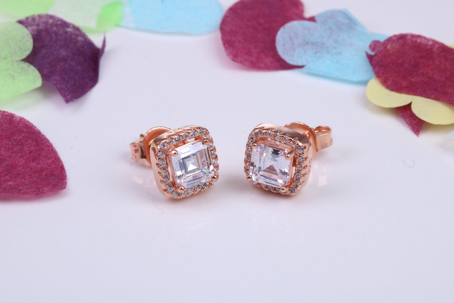 8 mm Square Cluster Cubic Zirconia set Earrings, Very Dressy, Made from Solid 925 Grade Sterling Silver, Rose Gold Plated