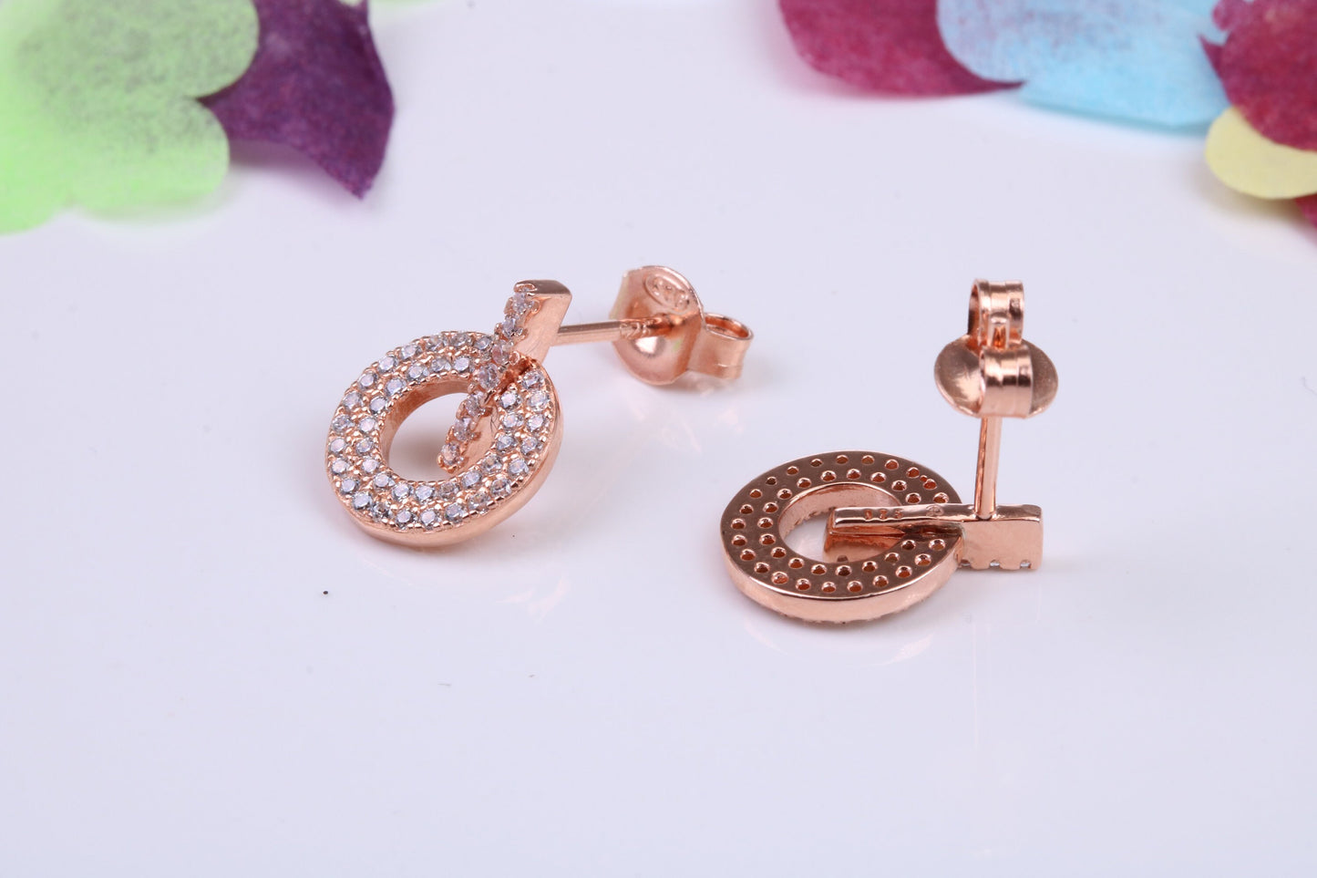 10 mm Round Cluster Cubic Zirconia set Dropper Earrings, Very Dressy, Made from Solid 925 Grade Sterling Silver, Rose Gold Plated