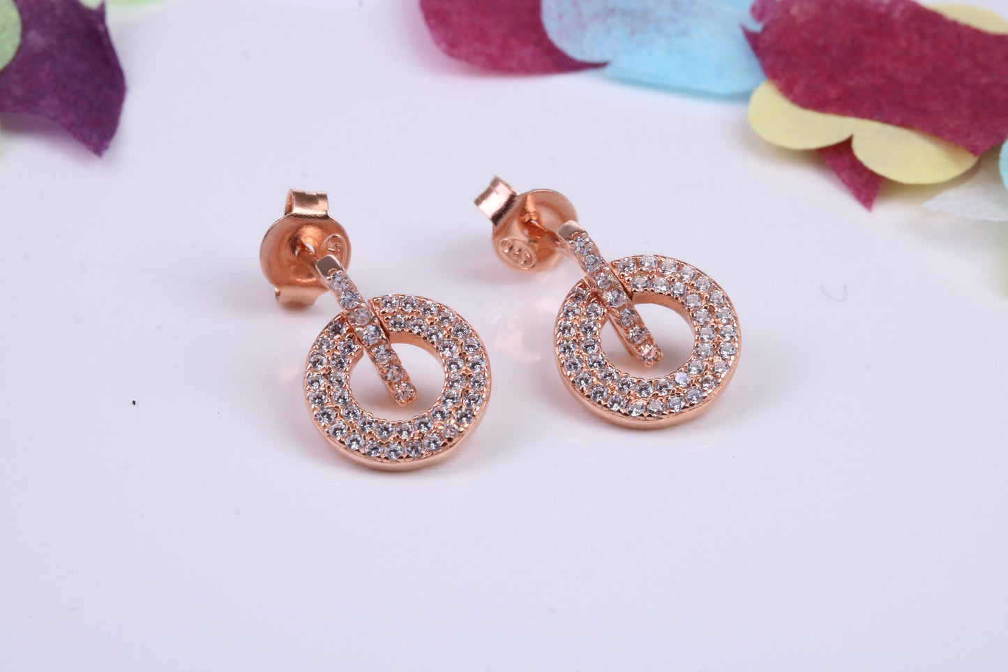 10 mm Round Cluster Cubic Zirconia set Dropper Earrings, Very Dressy, Made from Solid 925 Grade Sterling Silver, Rose Gold Plated