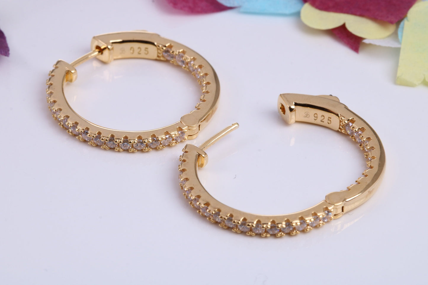 25 mm Round Hoop Cubic Zirconia set Earrings, Very Dressy, Made from Solid 925 Grade Sterling Silver, 18ct Yellow Gold Plated