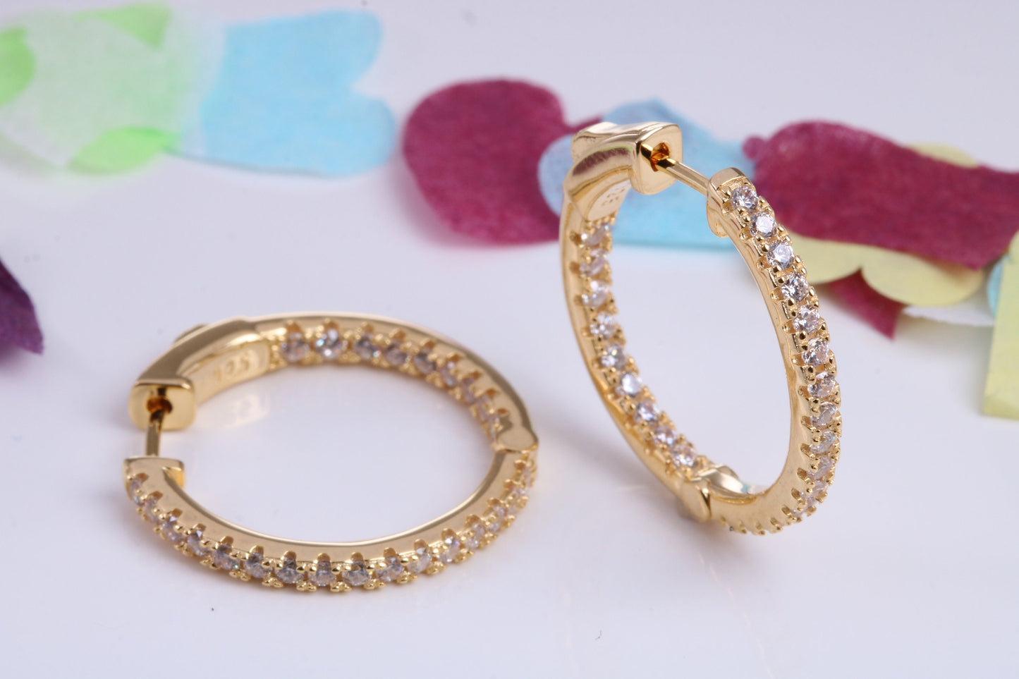 25 mm Round Hoop Cubic Zirconia set Earrings, Very Dressy, Made from Solid 925 Grade Sterling Silver, 18ct Yellow Gold Plated