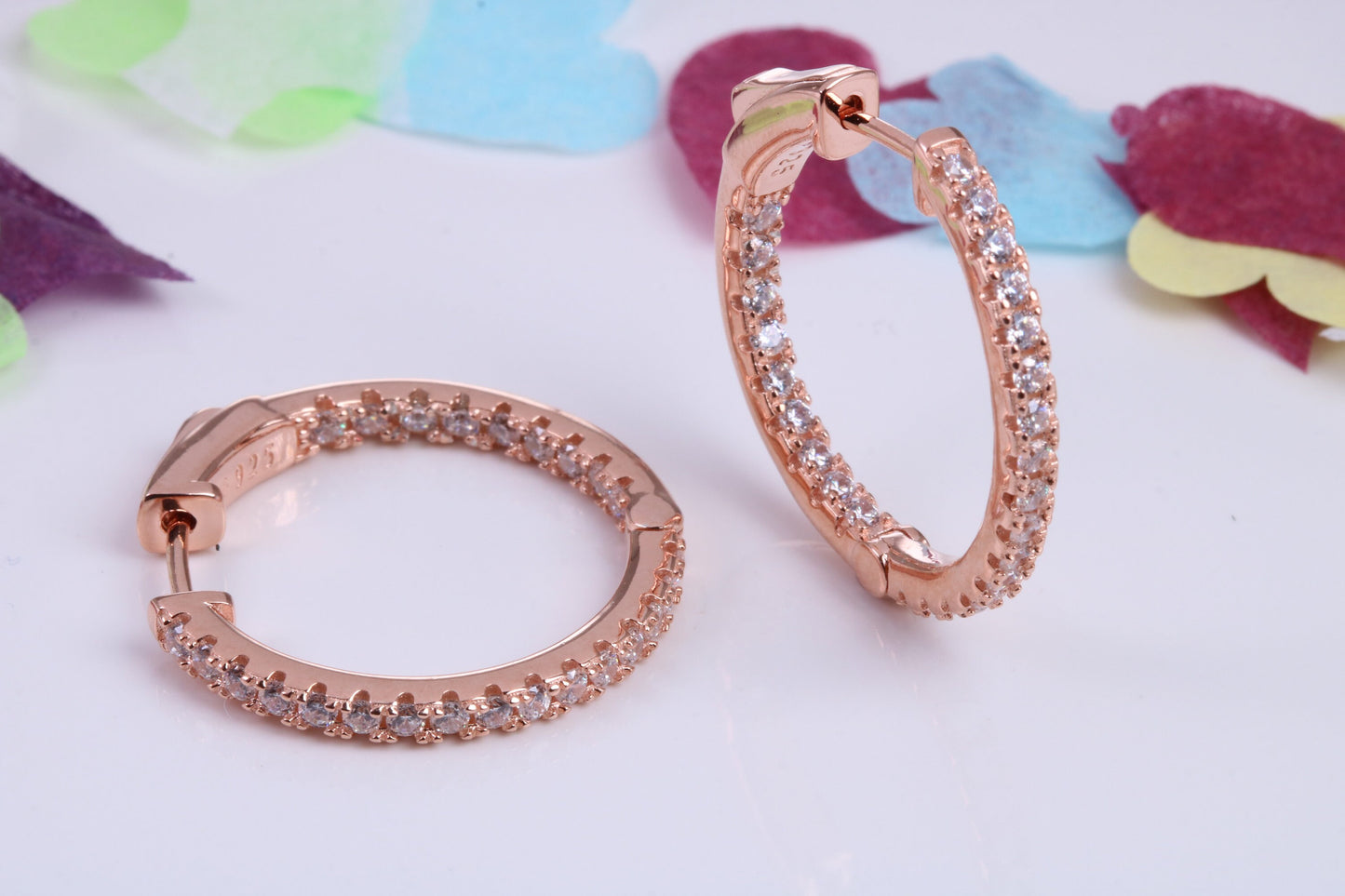 25 mm Round Hoop Cubic Zirconia set Earrings, Very Dressy, Made from Solid 925 Grade Sterling Silver, 18ct Rose Gold Plated