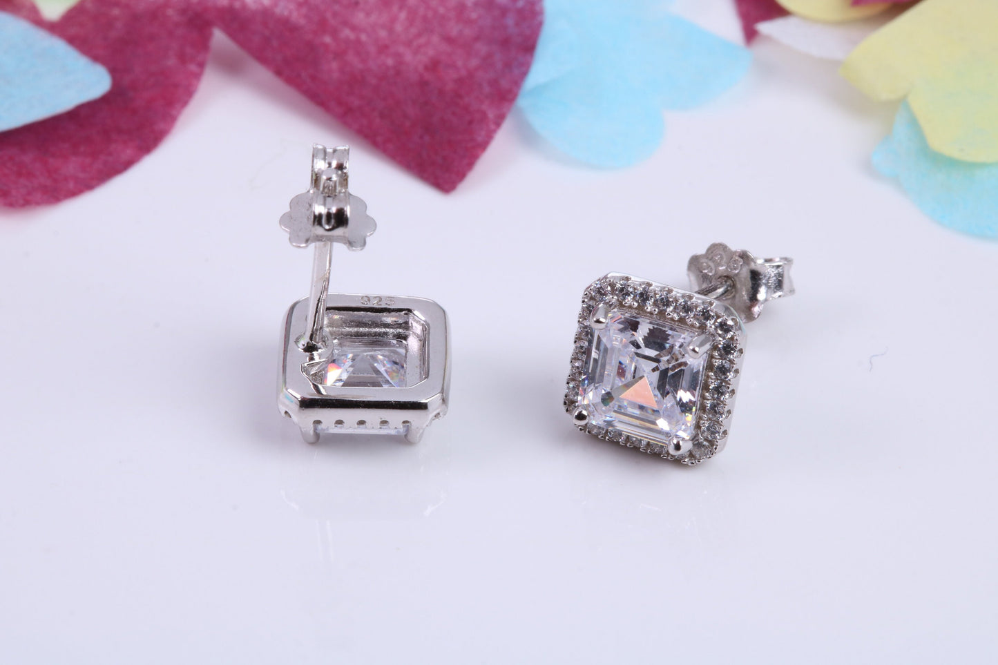 8 mm Square Cluster Cubic Zirconia set Earrings, Very Dressy, Made from Solid 925 Grade Sterling Silver