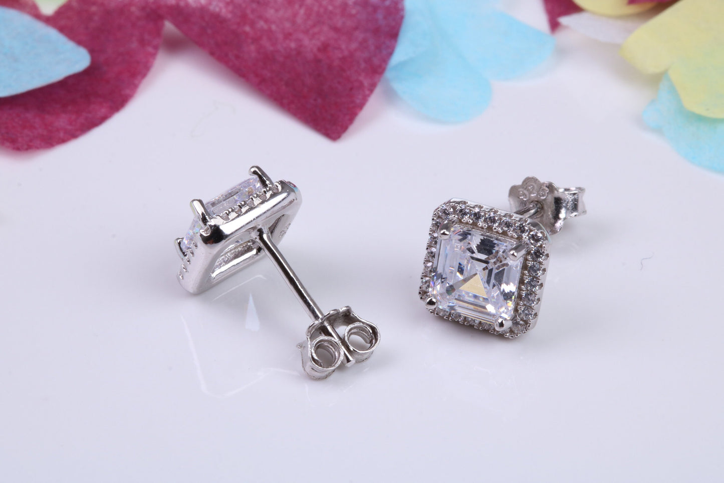 8 mm Square Cluster Cubic Zirconia set Earrings, Very Dressy, Made from Solid 925 Grade Sterling Silver