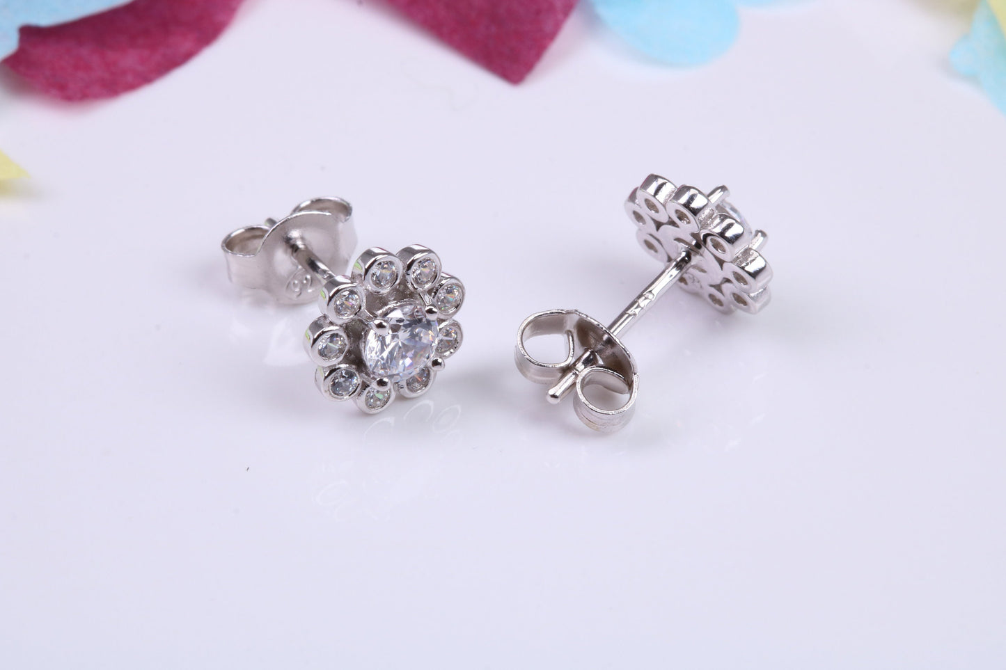 8 mm Round Flower Cluster Cubic Zirconia set Earrings, Very Dressy, Made from Solid 925 Grade Sterling Silver