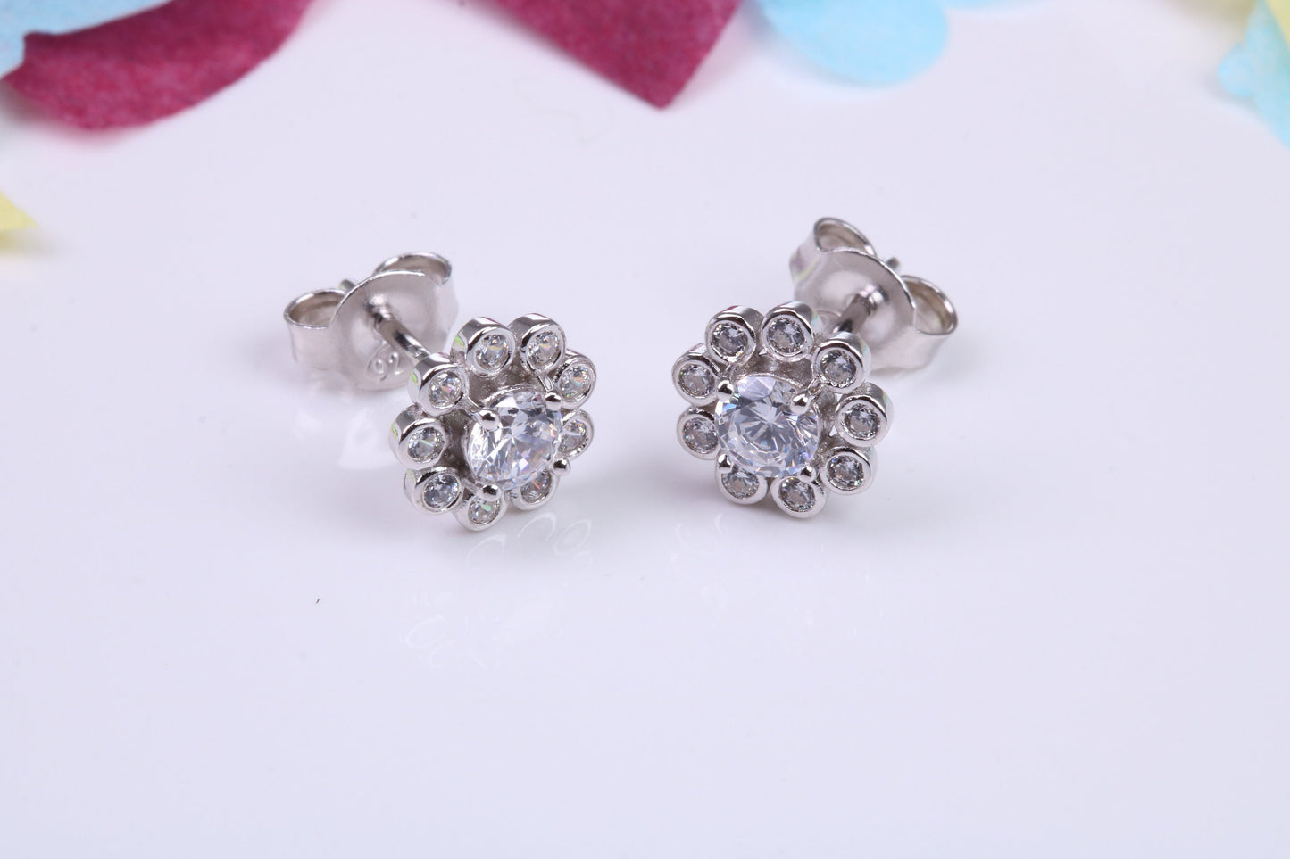 8 mm Round Flower Cluster Cubic Zirconia set Earrings, Very Dressy, Made from Solid 925 Grade Sterling Silver