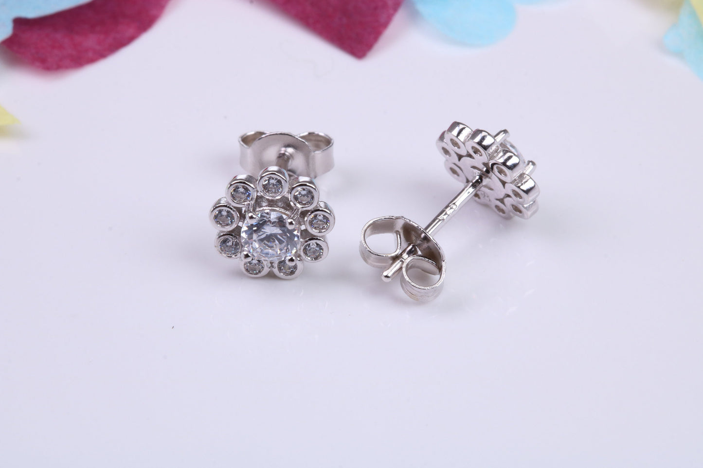 8 mm Round Flower Cluster Cubic Zirconia set Earrings, Very Dressy, Made from Solid 925 Grade Sterling Silver