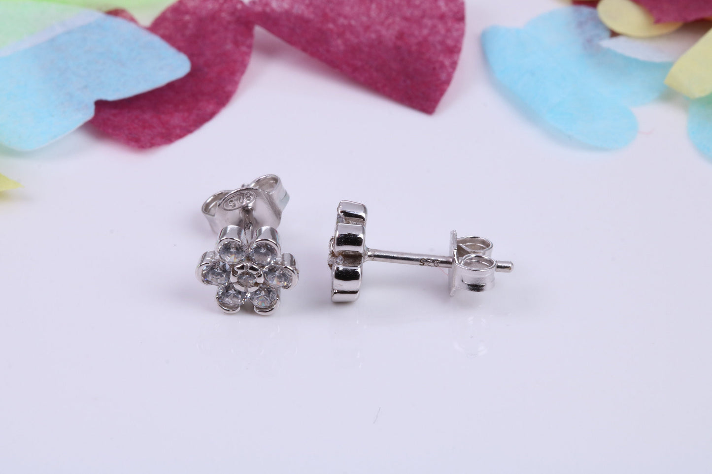 8 mm Round Daisy Flower Cluster Cubic Zirconia set Earrings, Very Dressy, Made from Solid 925 Grade Sterling Silver