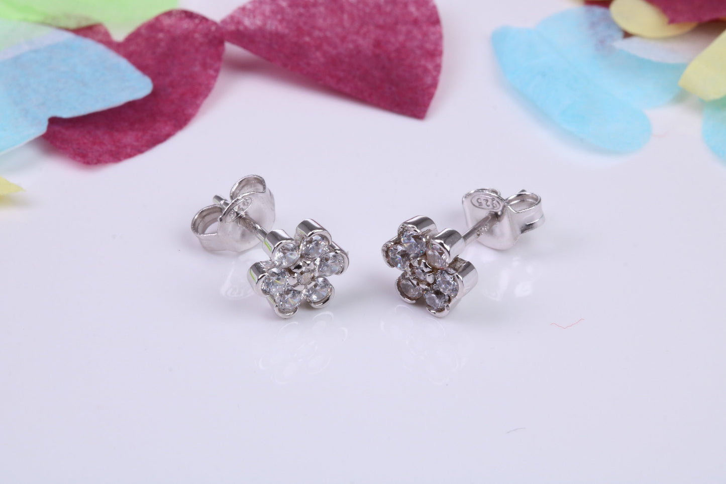 8 mm Round Daisy Flower Cluster Cubic Zirconia set Earrings, Very Dressy, Made from Solid 925 Grade Sterling Silver