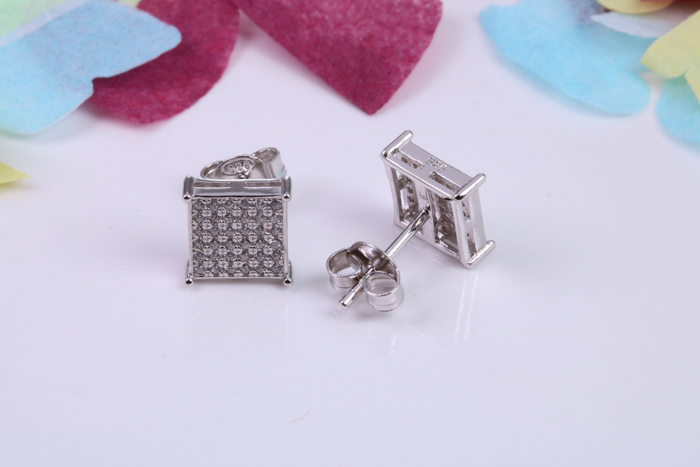 8 mm Square Cluster Cubic Zirconia set Earrings, Very Dressy, Made from Solid 925 Grade Sterling Silver