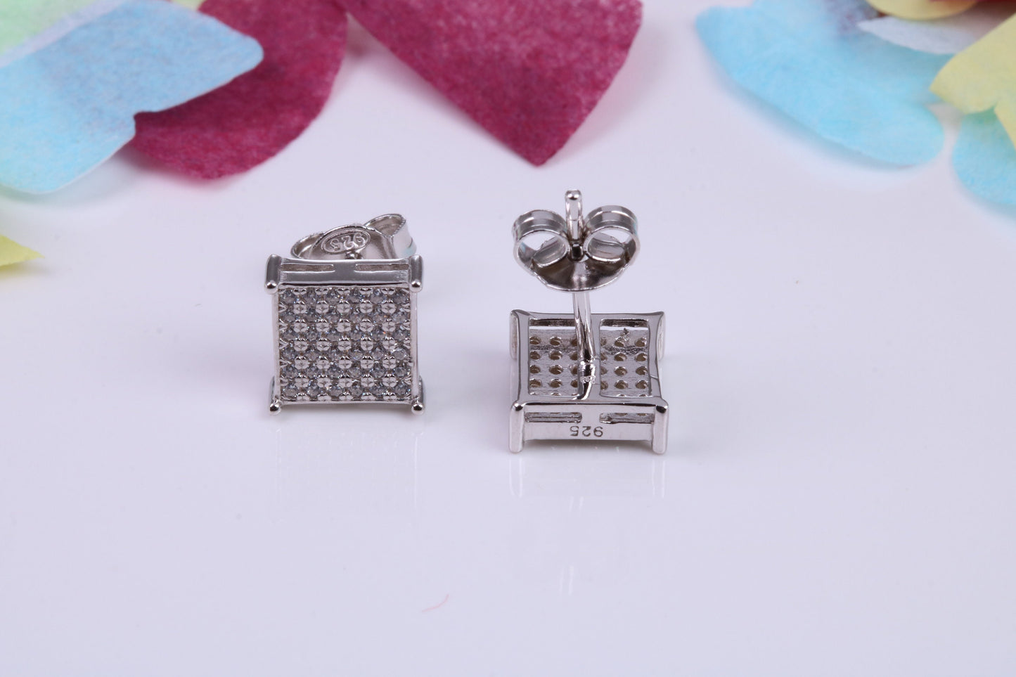 8 mm Square Cluster Cubic Zirconia set Earrings, Very Dressy, Made from Solid 925 Grade Sterling Silver