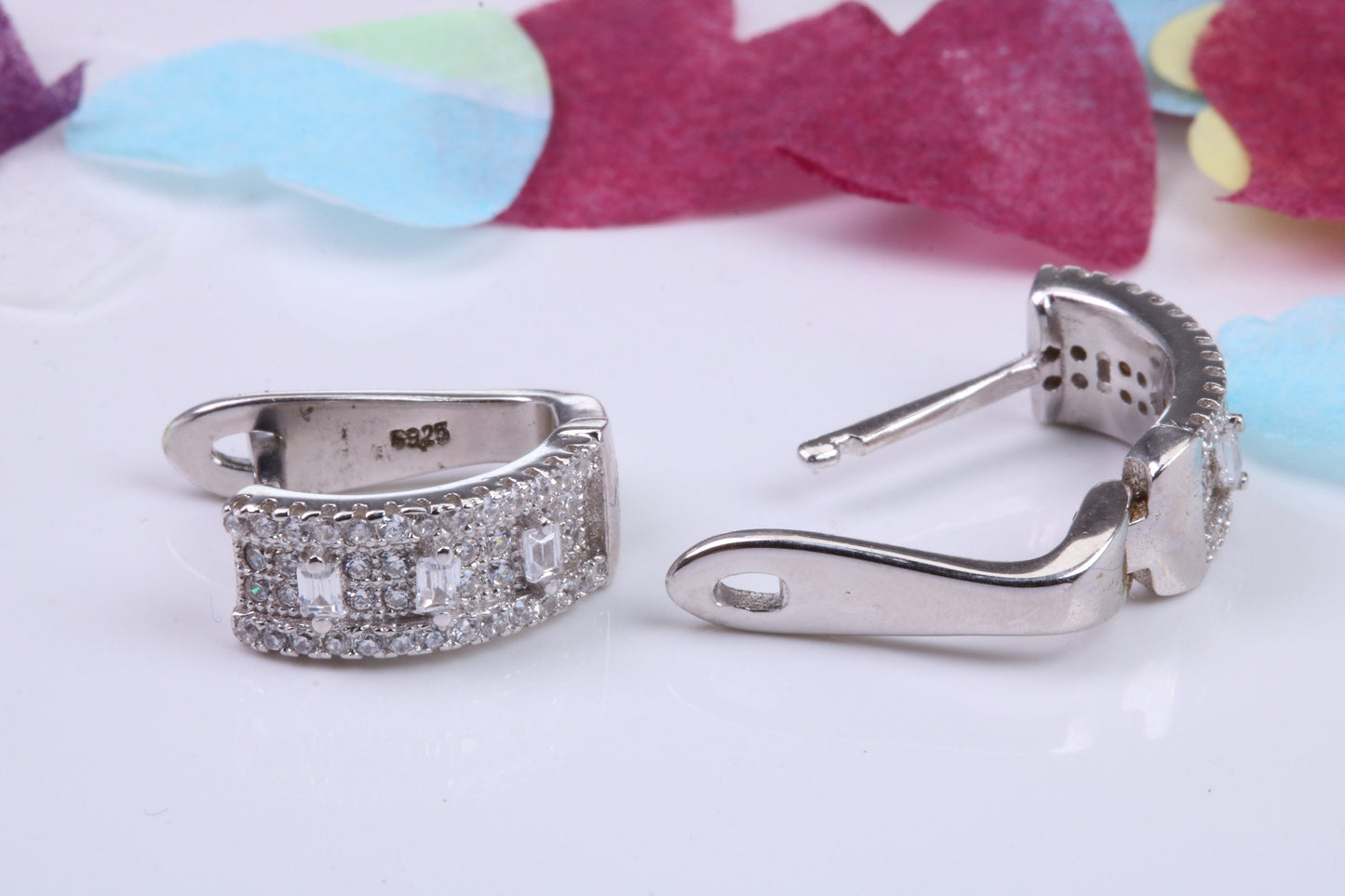 15 mm Long Hoop Cubic Zirconia set Earrings, Very Dressy, Made from Solid 925 Grade Sterling Silver