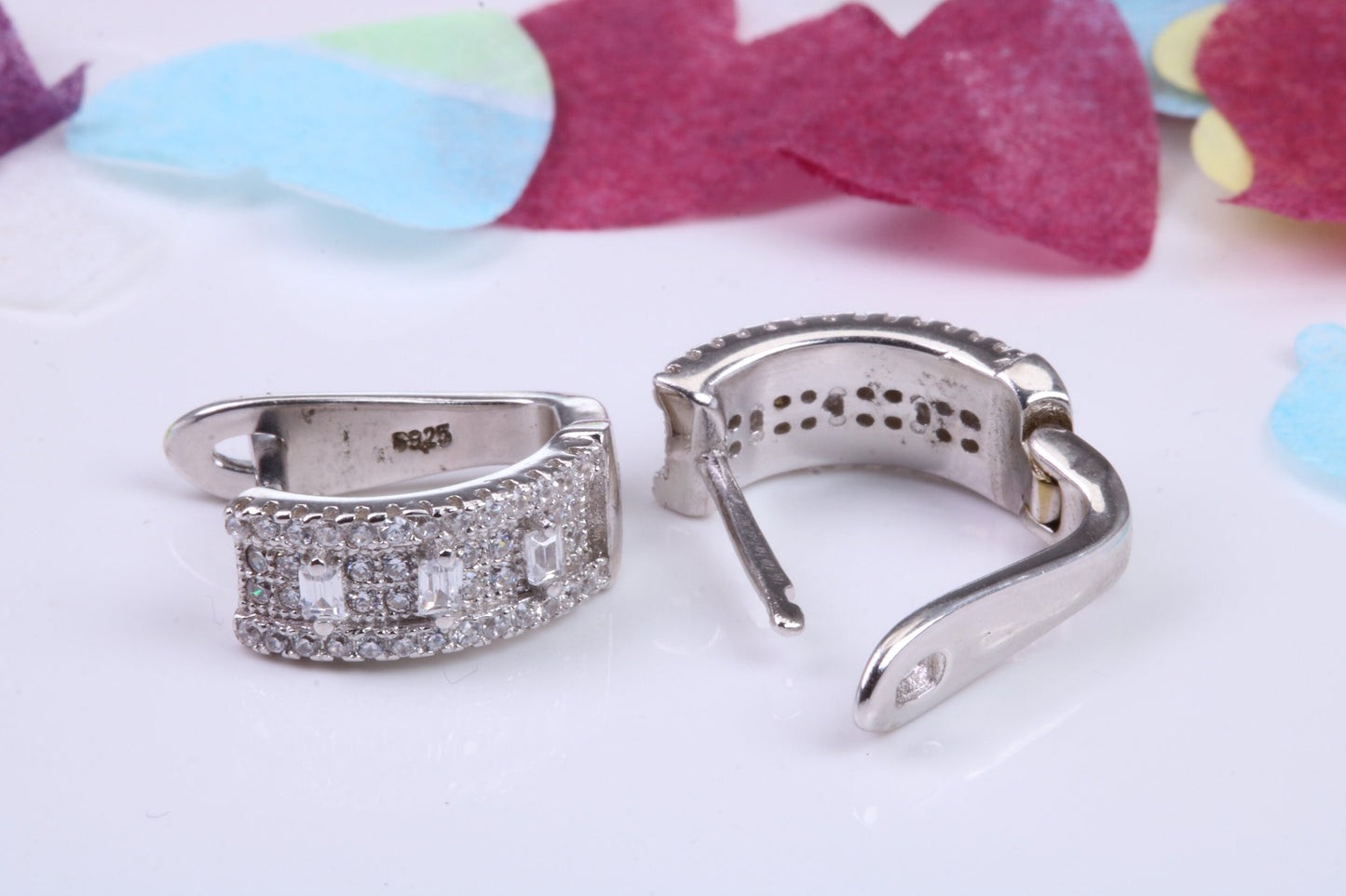 15 mm Long Hoop Cubic Zirconia set Earrings, Very Dressy, Made from Solid 925 Grade Sterling Silver