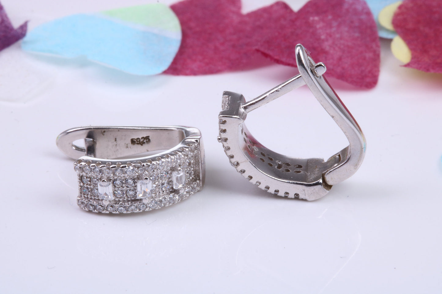 15 mm Long Hoop Cubic Zirconia set Earrings, Very Dressy, Made from Solid 925 Grade Sterling Silver