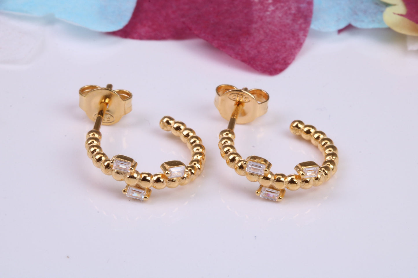 14 mm Round Hoop Cubic Zirconia set Earrings, Very Dressy, Made from Solid 925 Grade Sterling Silver, 18ct Yellow Gold Plated