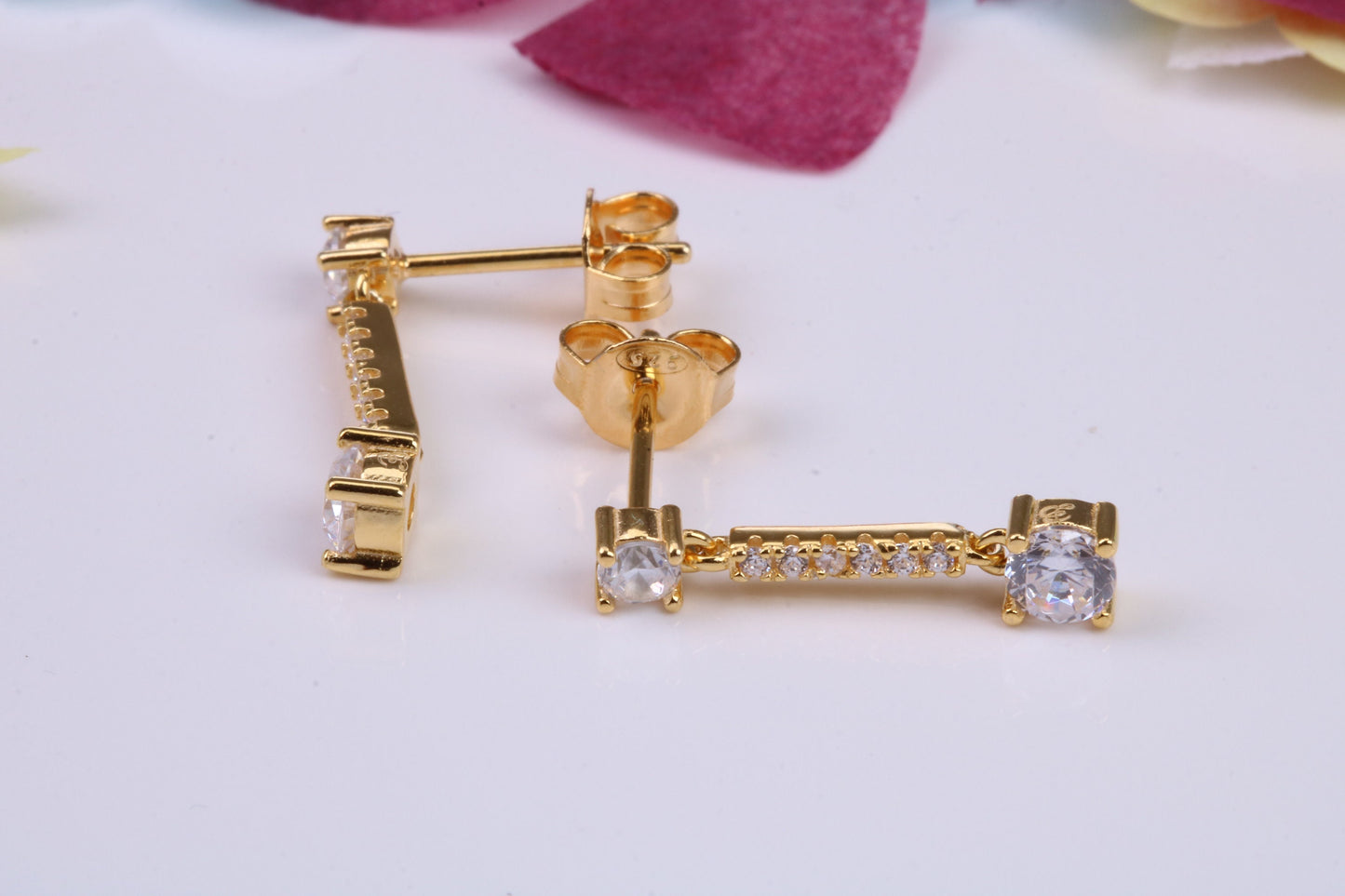 20 mm Long Cubic Zirconia set Earrings, Very Dressy, Made from Solid 925 Grade Sterling Silver, 18ct Yellow Gold Plated