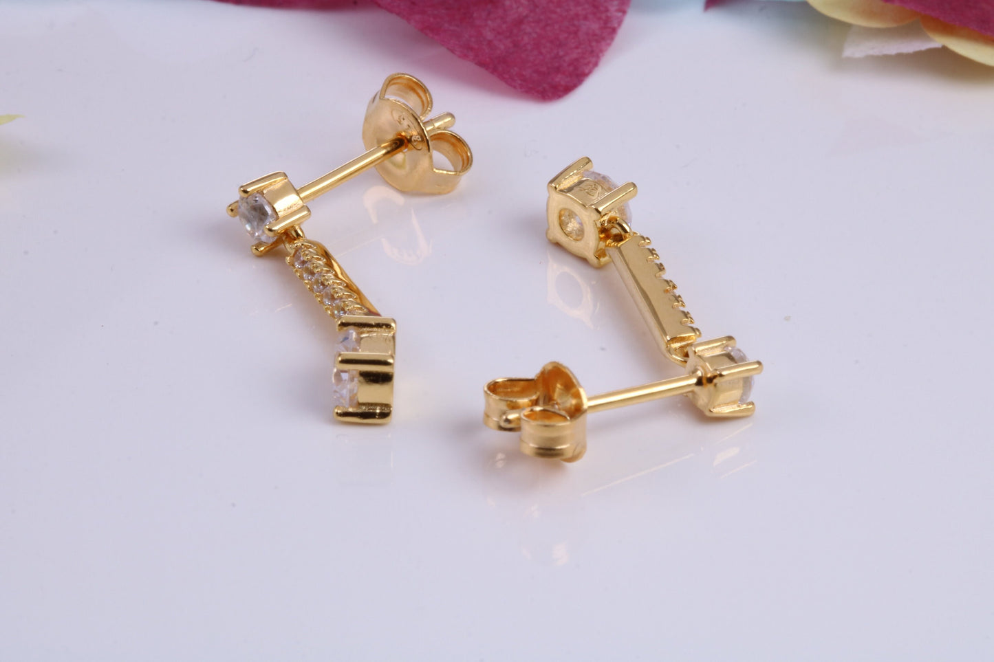 20 mm Long Cubic Zirconia set Earrings, Very Dressy, Made from Solid 925 Grade Sterling Silver, 18ct Yellow Gold Plated