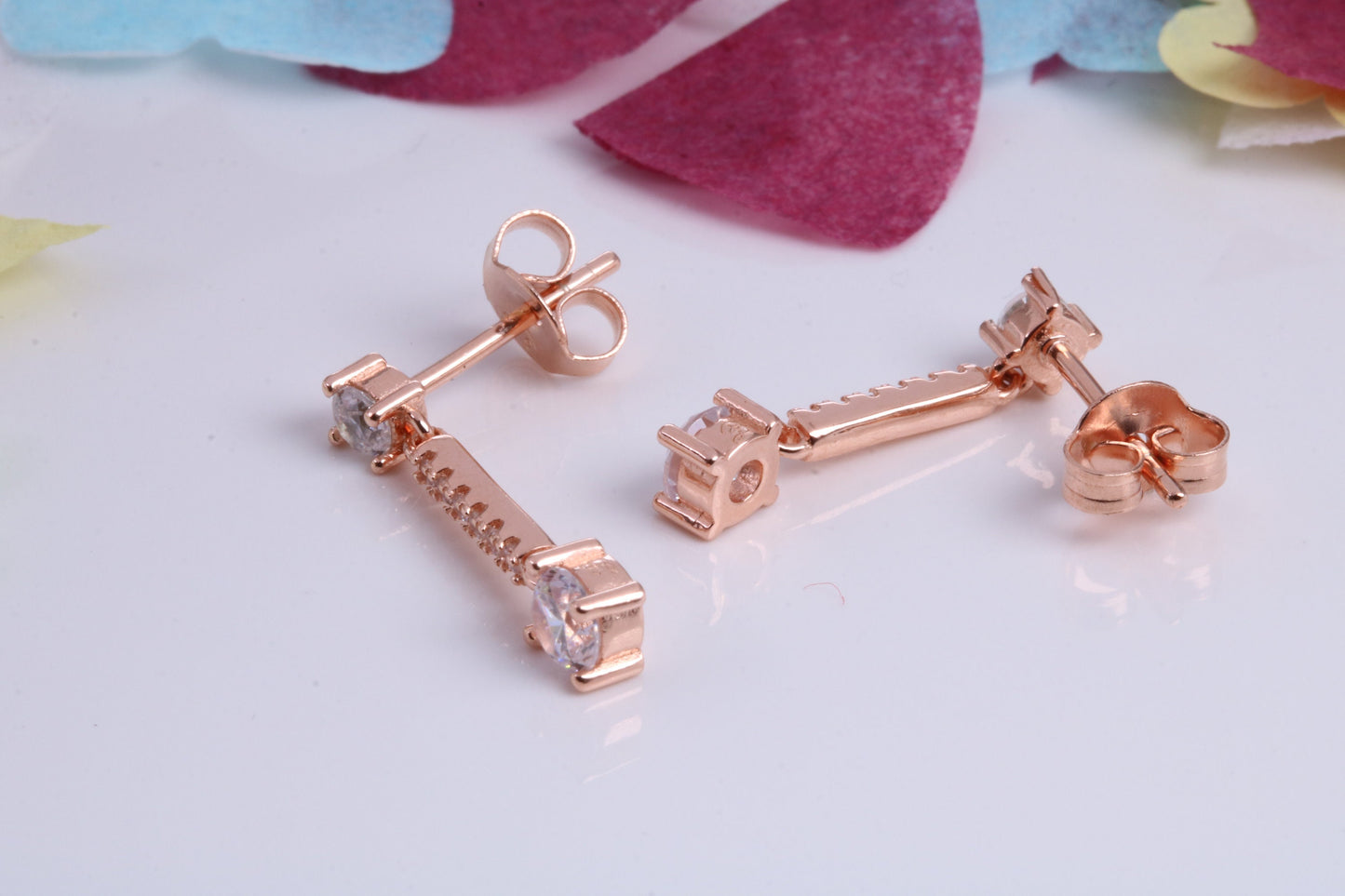 20 mm Long Cubic Zirconia set Earrings, Very Dressy, Made from Solid 925 Grade Sterling Silver, 18ct Rose Gold Plated