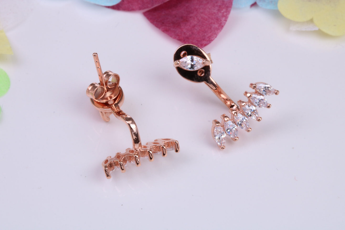 20 mm Long Dropper Stud Cubic Zirconia set Earrings, Very Dressy, Made from Solid 925 Grade Sterling Silver, 18ct Rose Gold Plated