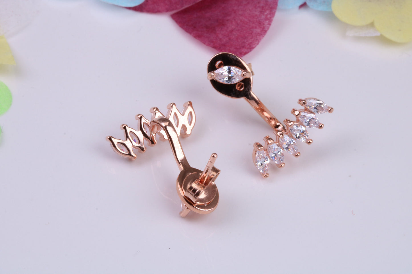 20 mm Long Dropper Stud Cubic Zirconia set Earrings, Very Dressy, Made from Solid 925 Grade Sterling Silver, 18ct Rose Gold Plated