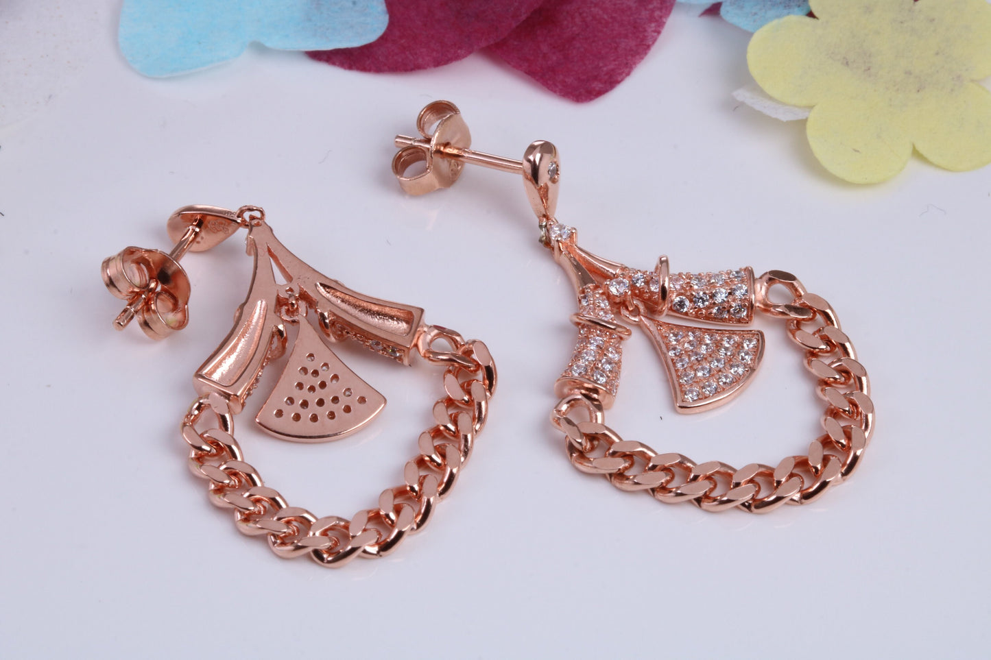22 mm Long Dropper Stud Cubic Zirconia set Earrings, Very Dressy, Made from Solid 925 Grade Sterling Silver, 18ct Rose Gold Plated