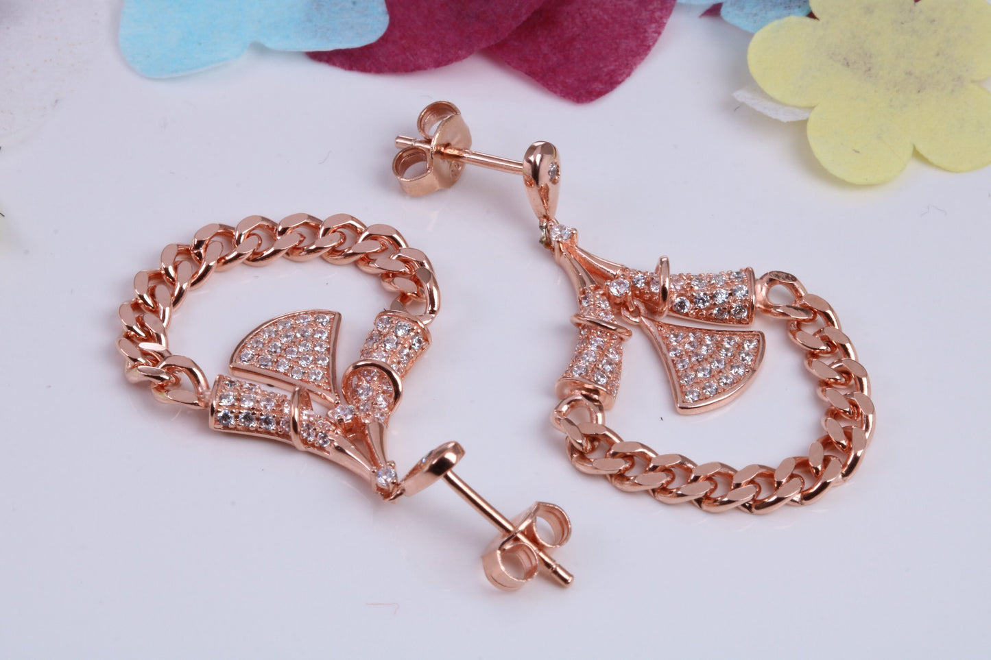22 mm Long Dropper Stud Cubic Zirconia set Earrings, Very Dressy, Made from Solid 925 Grade Sterling Silver, 18ct Rose Gold Plated