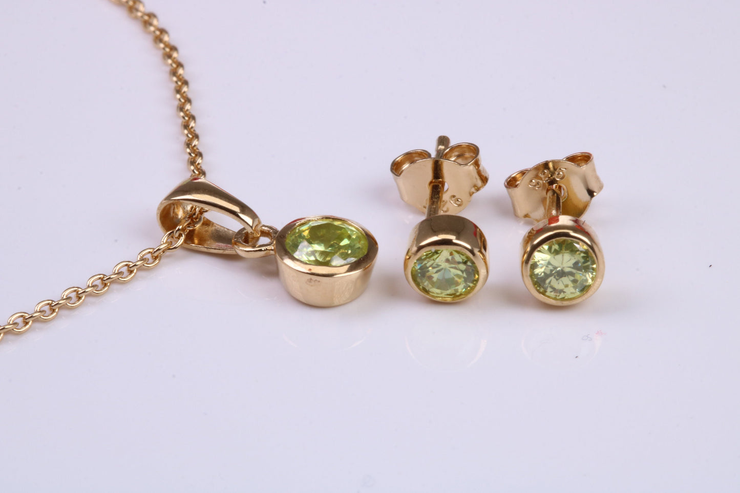 Real Peridot set Necklace and Matching Stud Earrings, made from solid Sterling Silver and 18ct Yellow Gold Plated