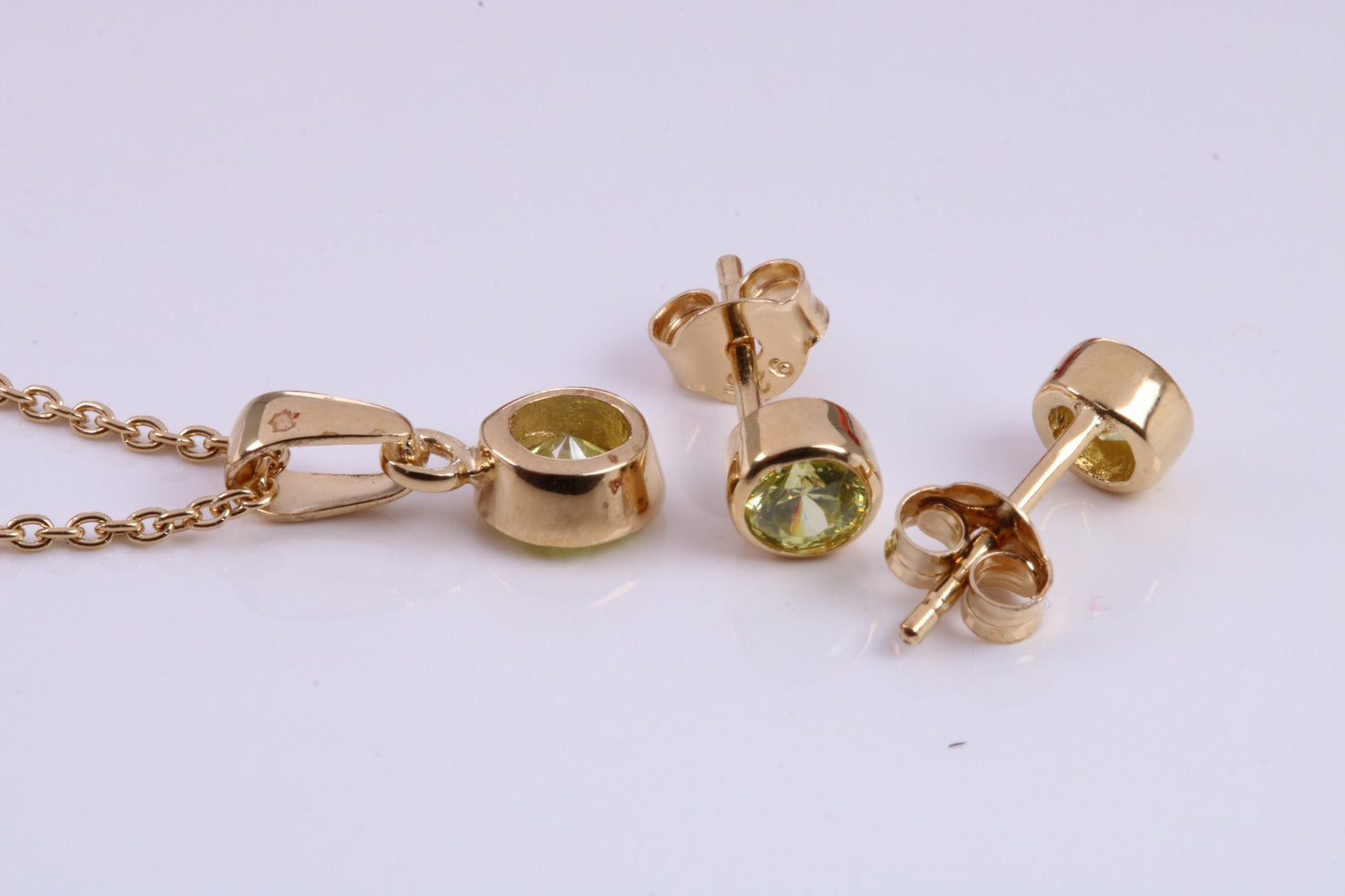 Real Peridot set Necklace and Matching Stud Earrings, made from solid Sterling Silver and 18ct Yellow Gold Plated