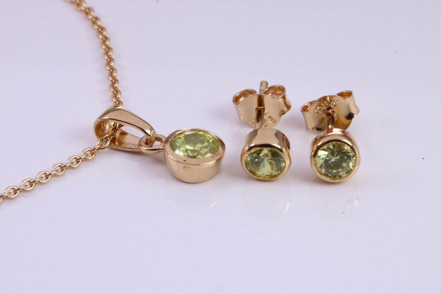 Real Peridot set Necklace and Matching Stud Earrings, made from solid Sterling Silver and 18ct Yellow Gold Plated