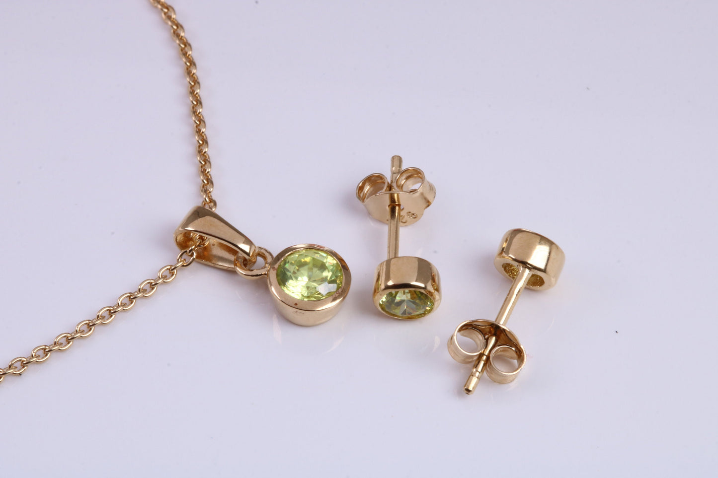 Real Peridot set Necklace and Matching Stud Earrings, made from solid Sterling Silver and 18ct Yellow Gold Plated