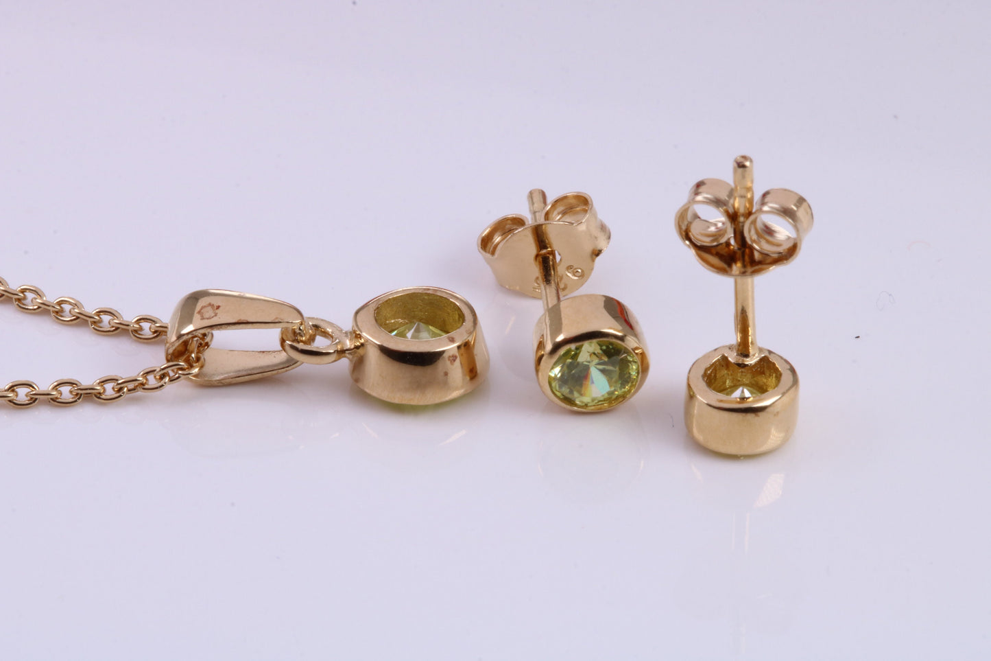 Real Peridot set Necklace and Matching Stud Earrings, made from solid Sterling Silver and 18ct Yellow Gold Plated