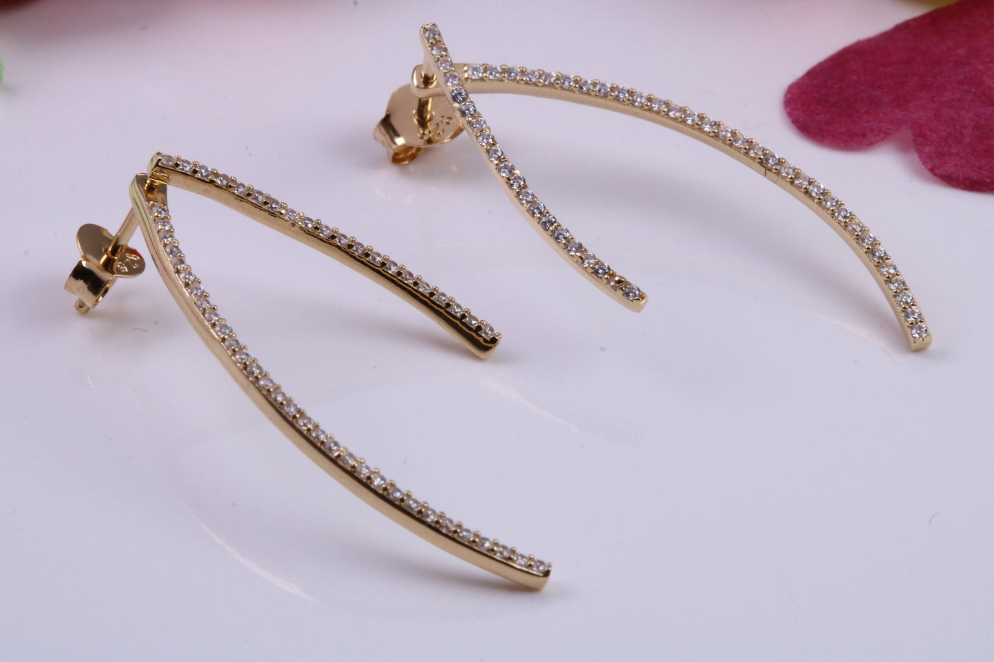 35 mm Long Cubic Zirconia set Dropper Earrings, Made from Solid 925 Grade Sterling Silver and 18ct Yellow Gold Plated