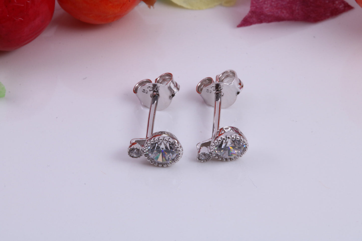 7 mm Long Stud Cubic Zirconia set Earrings, Very Dressy, Made from Solid 925 Grade Sterling Silver