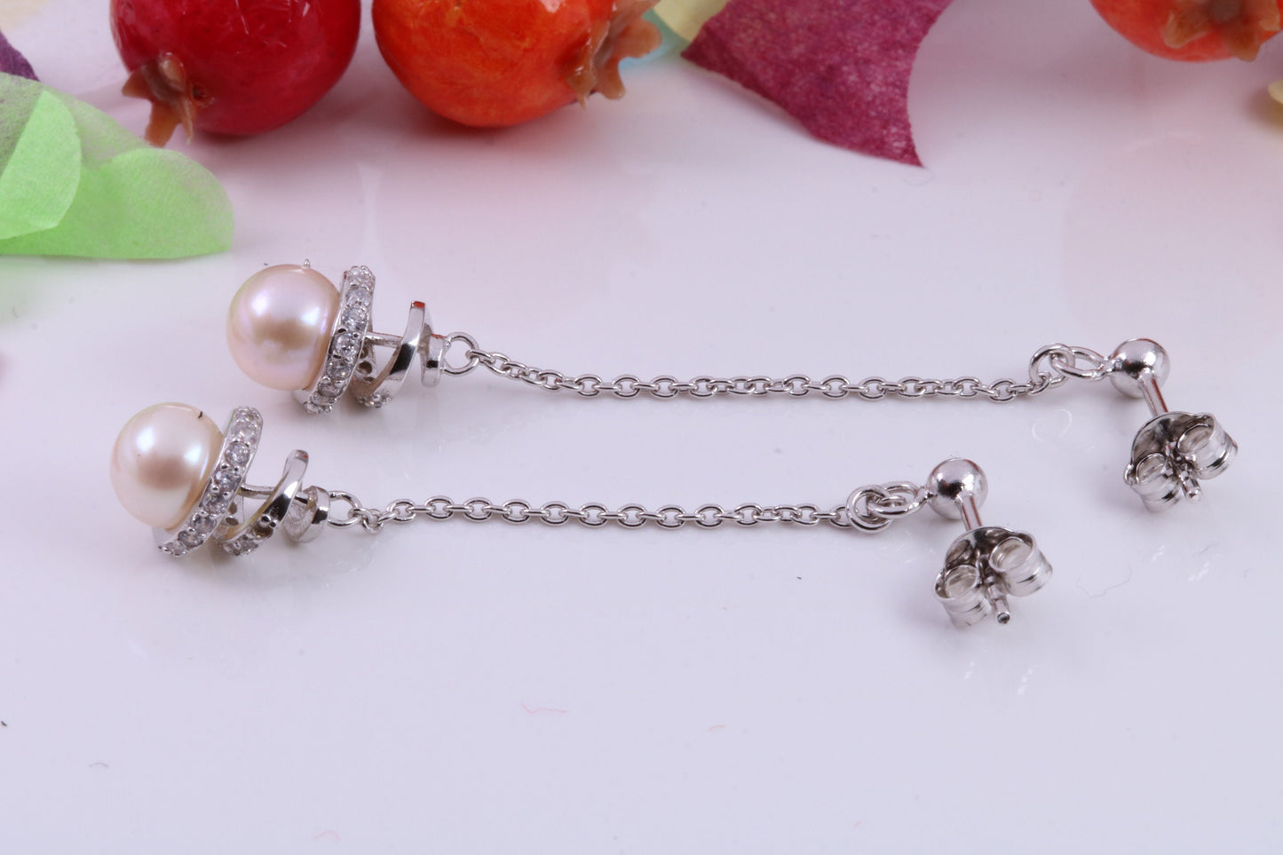 50 mm Long Stud Pearl and Cubic Zirconia set Earrings, Very Dressy, Made from Solid 925 Grade Sterling Silver