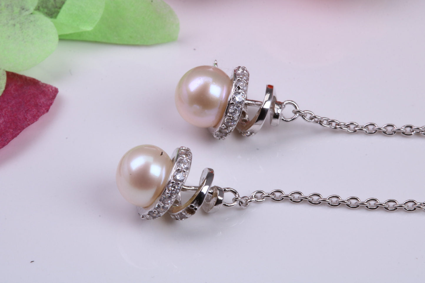 50 mm Long Stud Pearl and Cubic Zirconia set Earrings, Very Dressy, Made from Solid 925 Grade Sterling Silver