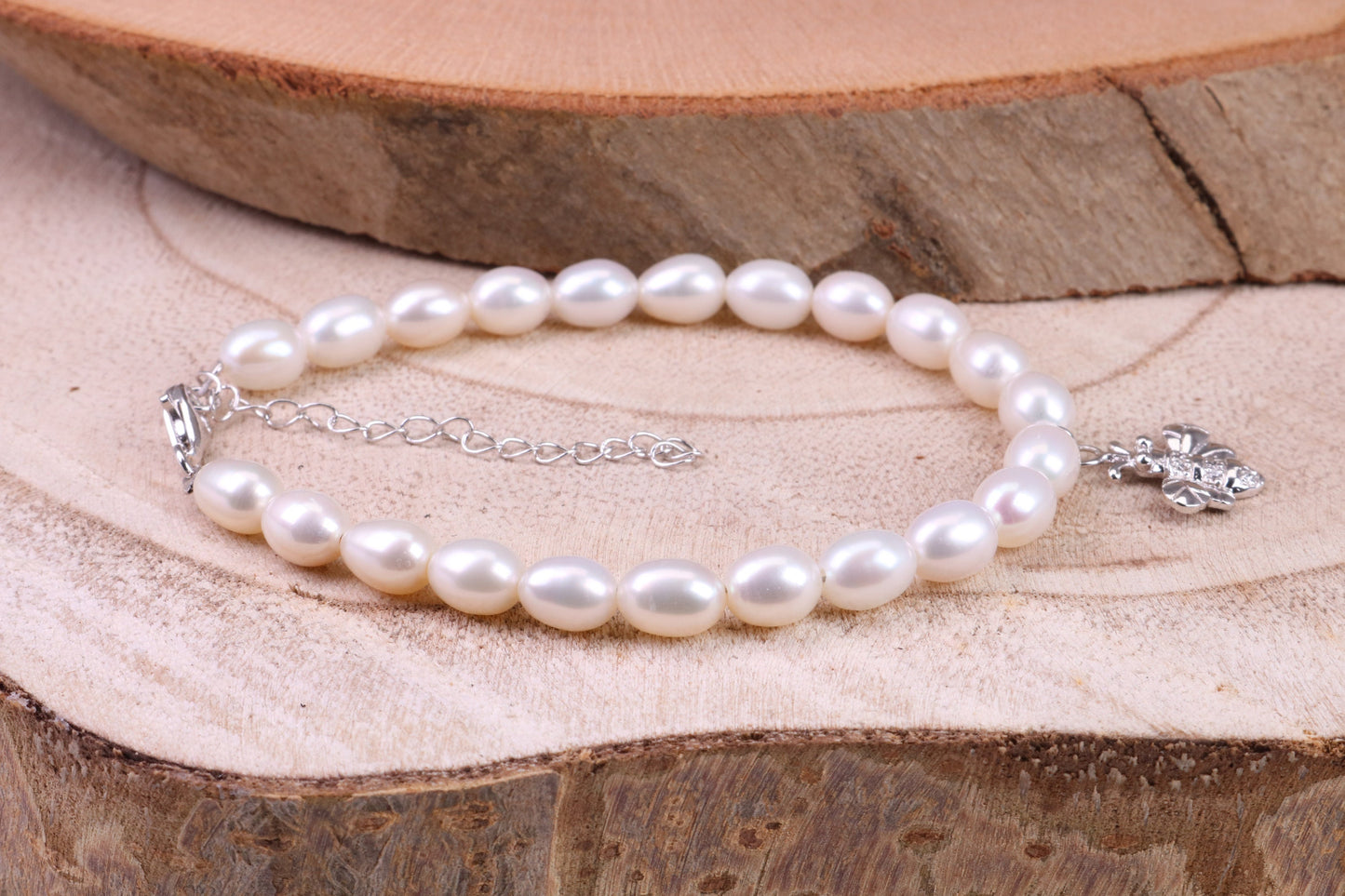 Freshwater Pearl Bracelet with Bumble Bee Charm Dropper, made from Sterling Silver