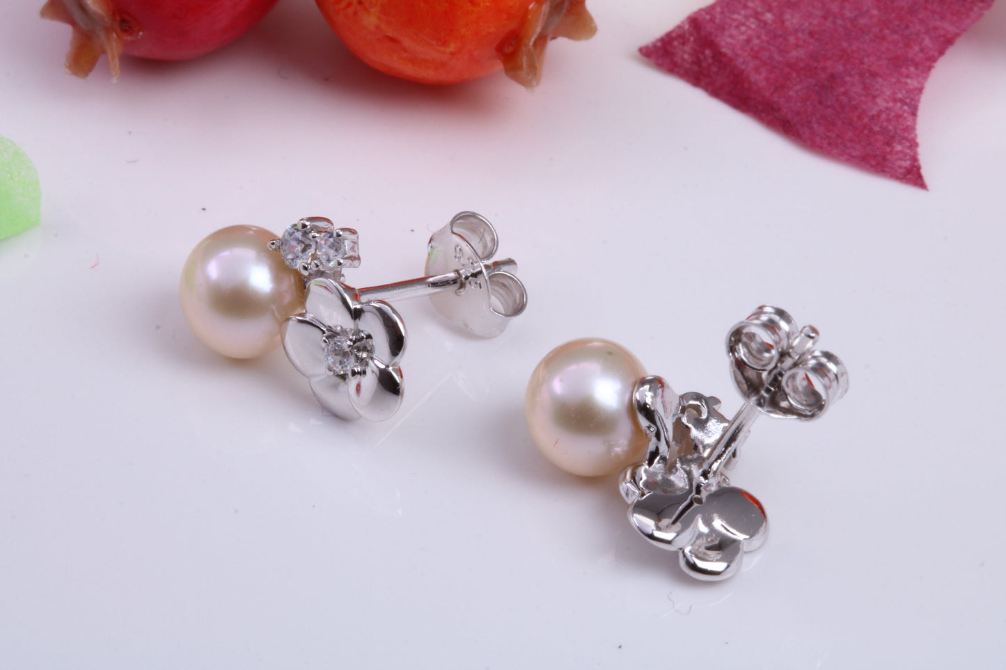 Rose Flower Pearl and Cubic Zirconia set Stud Earrings, Very Dressy, Made from Solid 925 Grade Sterling Silver