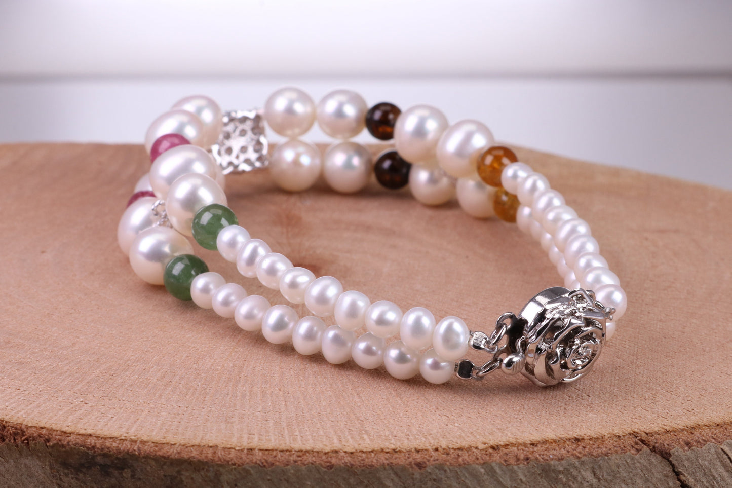 Multi Colour Double Row Freshwater Pearl Bracelet with Rose Flower Closure, made from Sterling Silver