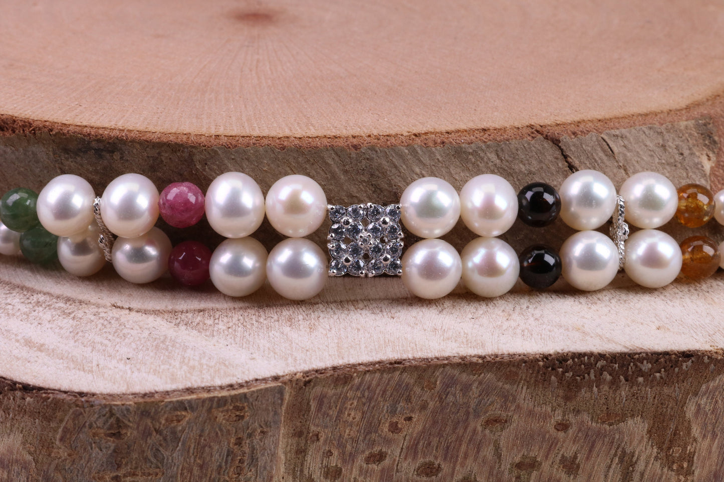 Multi Colour Double Row Freshwater Pearl Bracelet with Rose Flower Closure, made from Sterling Silver