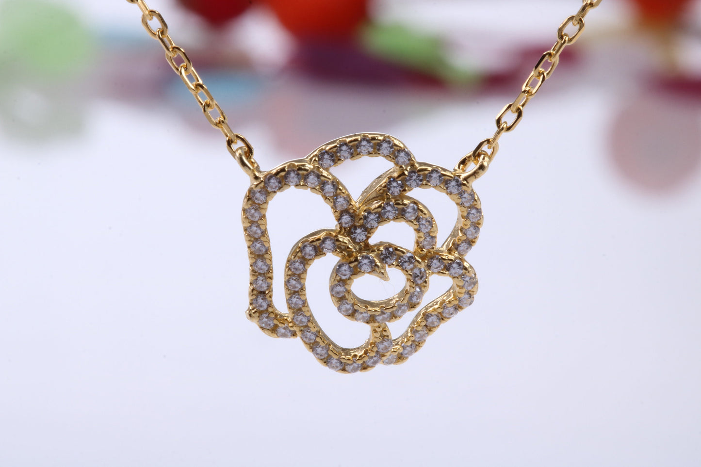 Flower Cubic Zirconia set Necklace, made from solid Sterling Silver, Length Adjustable Chain, 18ct Yellow Gold Plated