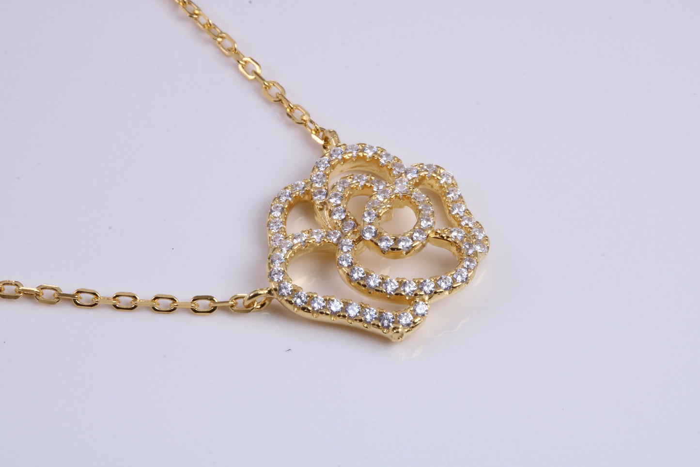 Flower Cubic Zirconia set Necklace, made from solid Sterling Silver, Length Adjustable Chain, 18ct Yellow Gold Plated
