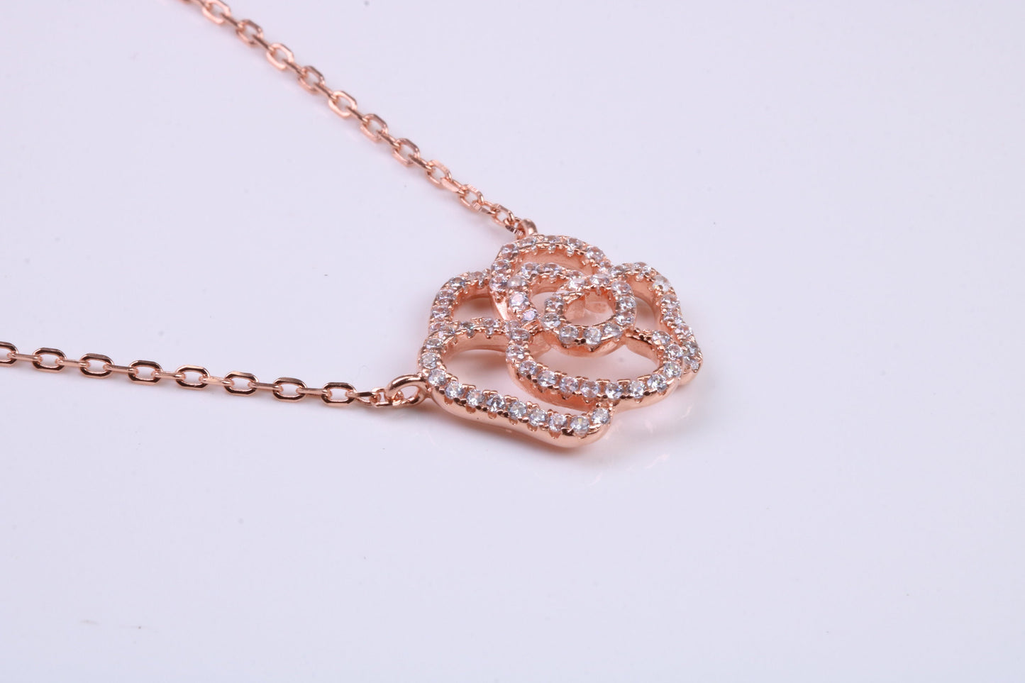 Flower Cubic Zirconia set Necklace, made from solid Sterling Silver, Length Adjustable Chain, 18ct Rose Gold Plated
