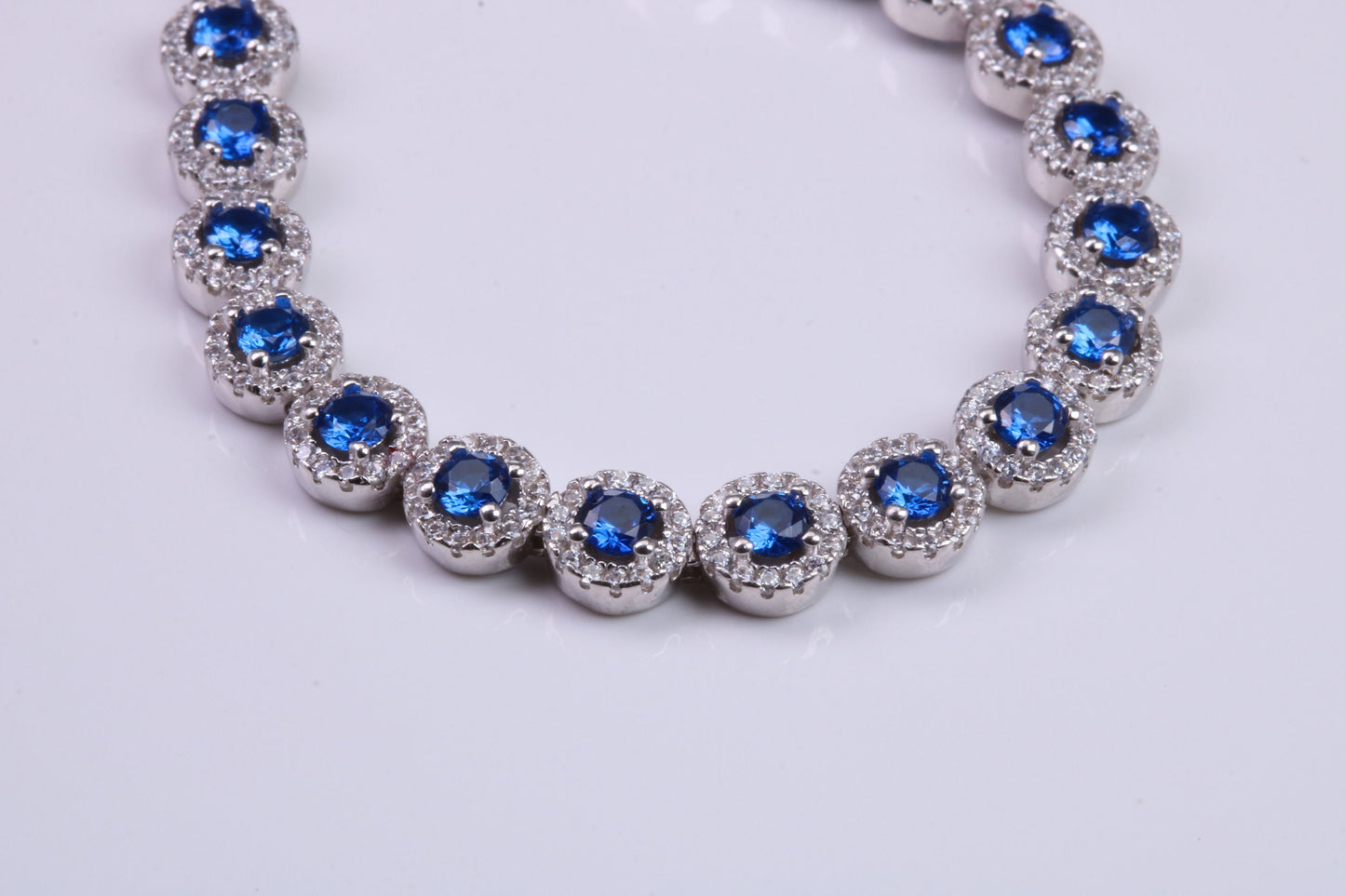 Blue Sapphire Cubic Zirconia set Bracelet, made from solid Sterling Silver, Length Adjustable