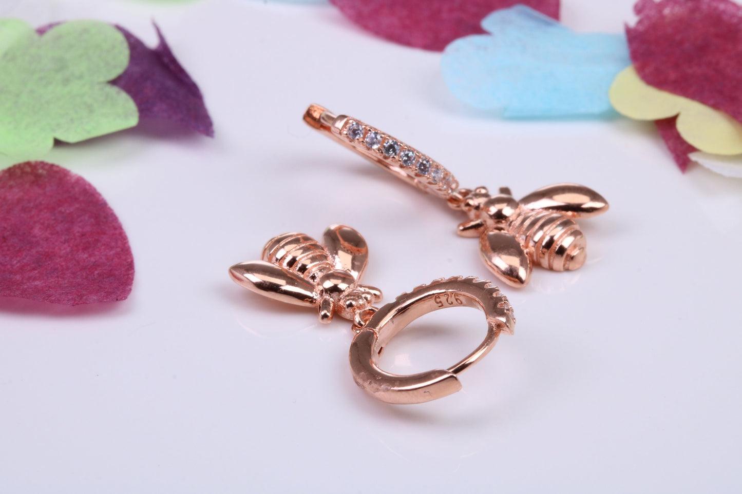 Bumble Bee Dropper Earrings, Cubic Zirconia set, Made from Solid 925 Grade Sterling Silver, Rose Gold Plated